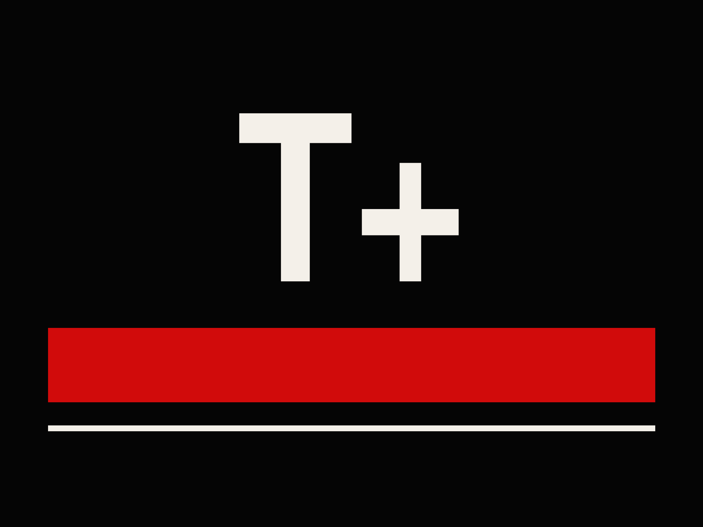 Logo featuring a stylized 'T+' in white on a black background, with a red rectangular element below.