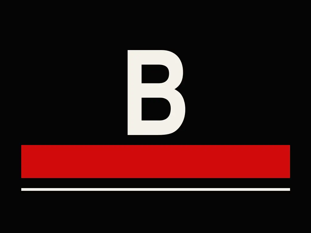 A bold letter 'B' in cream color centered on a black background, above a red horizontal bar with two thin white lines above and below it.