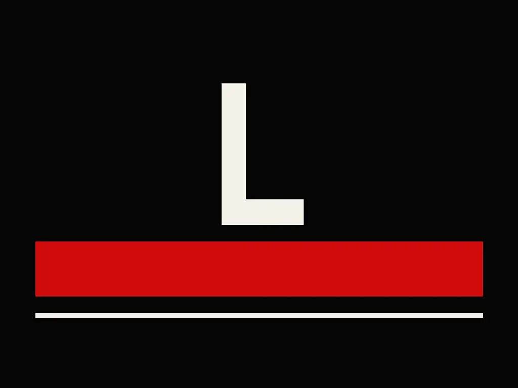 Stylized letter 'L' in white on a black background, with a red horizontal bar and two white lines below.